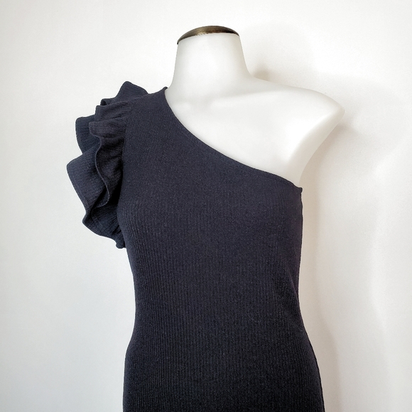 Rebecca Taylor Black One-Shoulder Ribbed Knee Lenght Flounce Dress - Picture 4 of 10